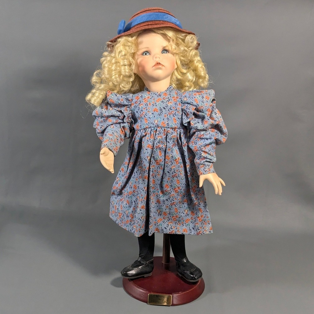 Dianna Effner Hilary Porcelain Doll Blonde Curls Blue Floral Dress 14.5 Inch